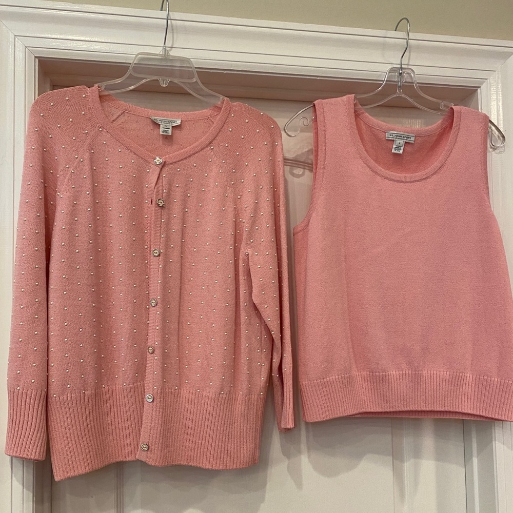 St. John Knit Sweater Set Pink Cardigan w/ Shell, Size L, Two Piece Matching Set